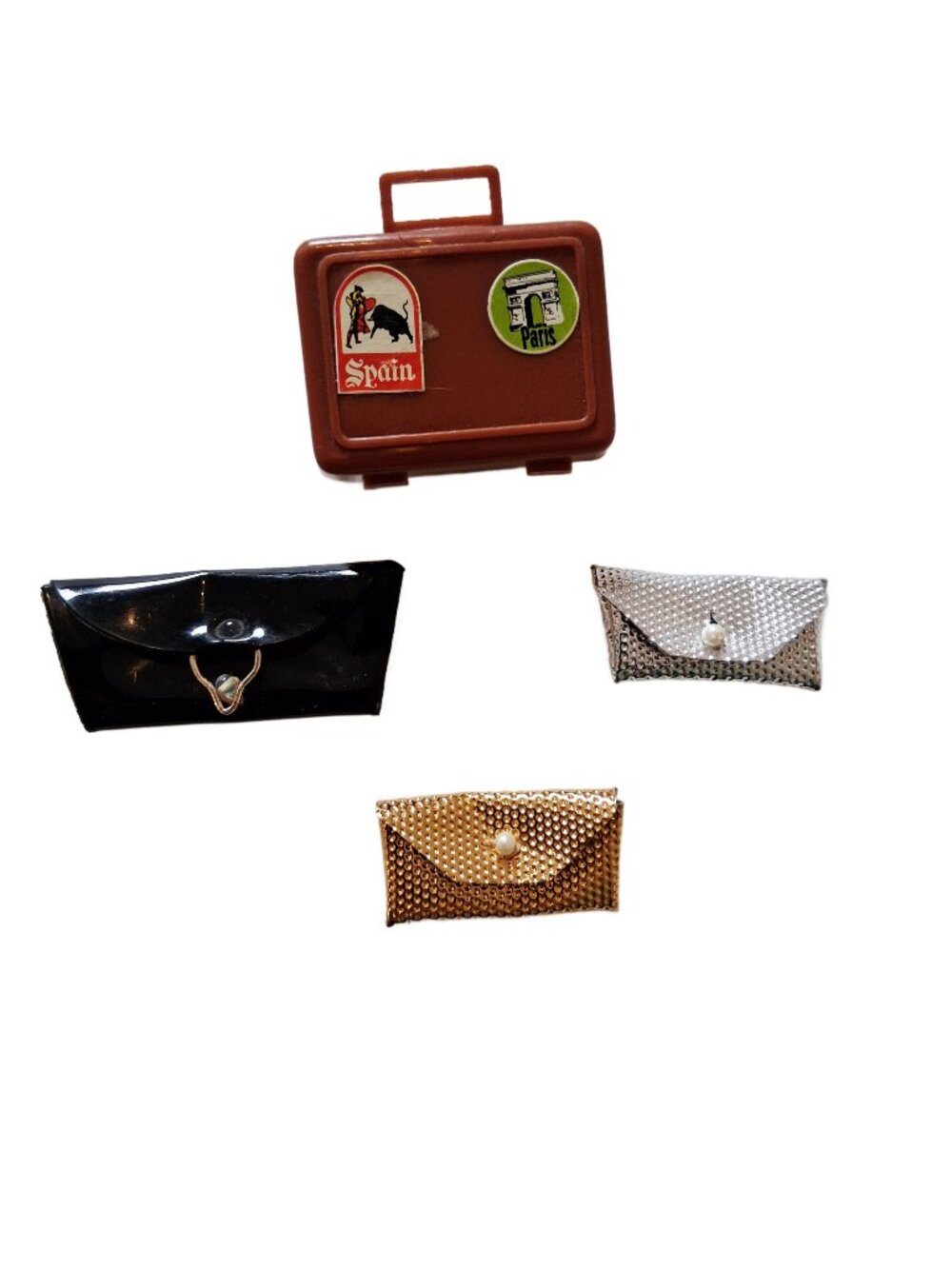 Barbie Vintage 70s 4 pc Lot Brown Suitcase & Metallic Clutch Purses